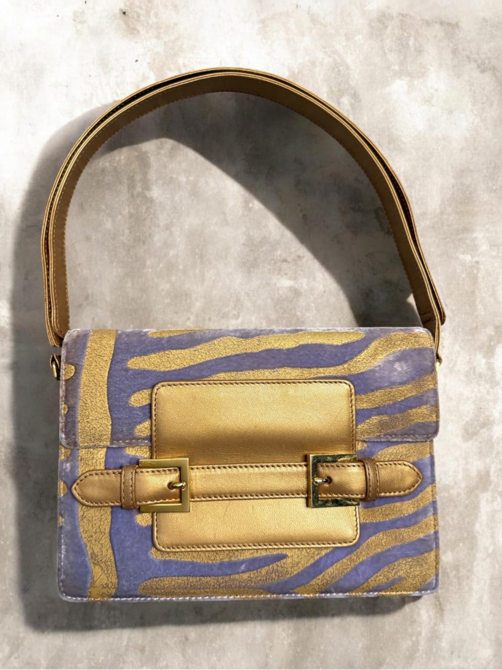 Vintage Fendi 2-Way Convertible Velvet Zebra Print Baguette Bag Purple Gold